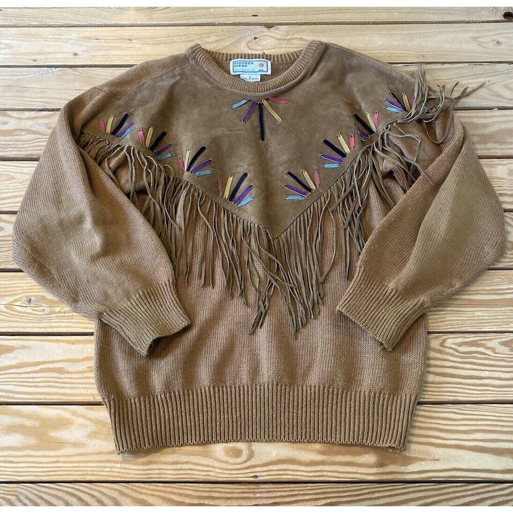 Vintage Pioneer Wear Leather Fringed Sweater Size Small Men’s Brown
